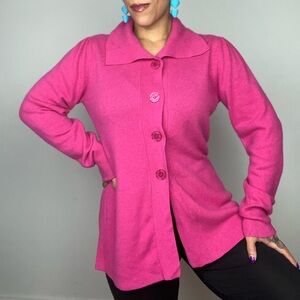 Vibrant Hot Pink CASHMERE Button-Up Cardigan Sweater Oversized Collar XL